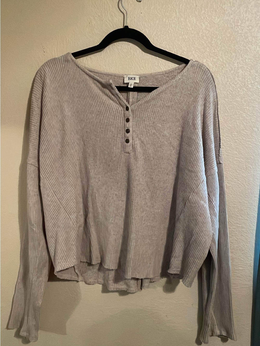BKE Light Gray Ribbed Henley Long Sleeve Top